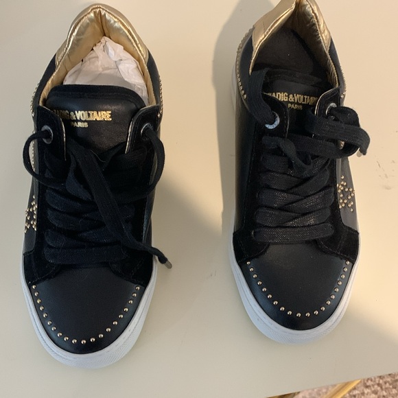 Zadig and Voltaire Black Leather Sneakers with star embellishments- NWOT - Picture 5 of 9